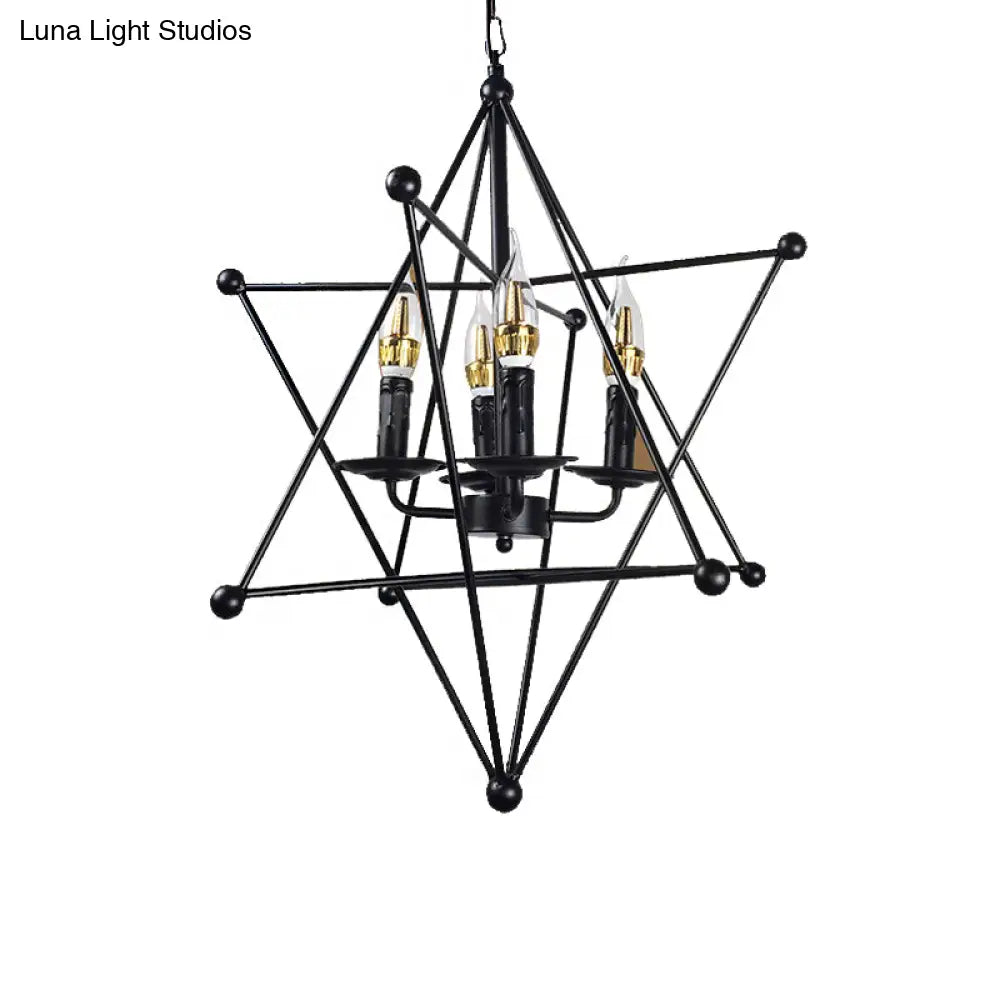 Industrial Black Metal Chandelier - 4-Light Hanging Pendant with Cage for Living Room