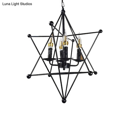 Industrial Black Metal Chandelier - 4-Light Hanging Pendant with Cage for Living Room