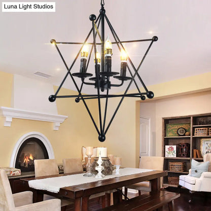 Industrial Black Metal Chandelier - 4-Light Hanging Pendant with Cage for Living Room