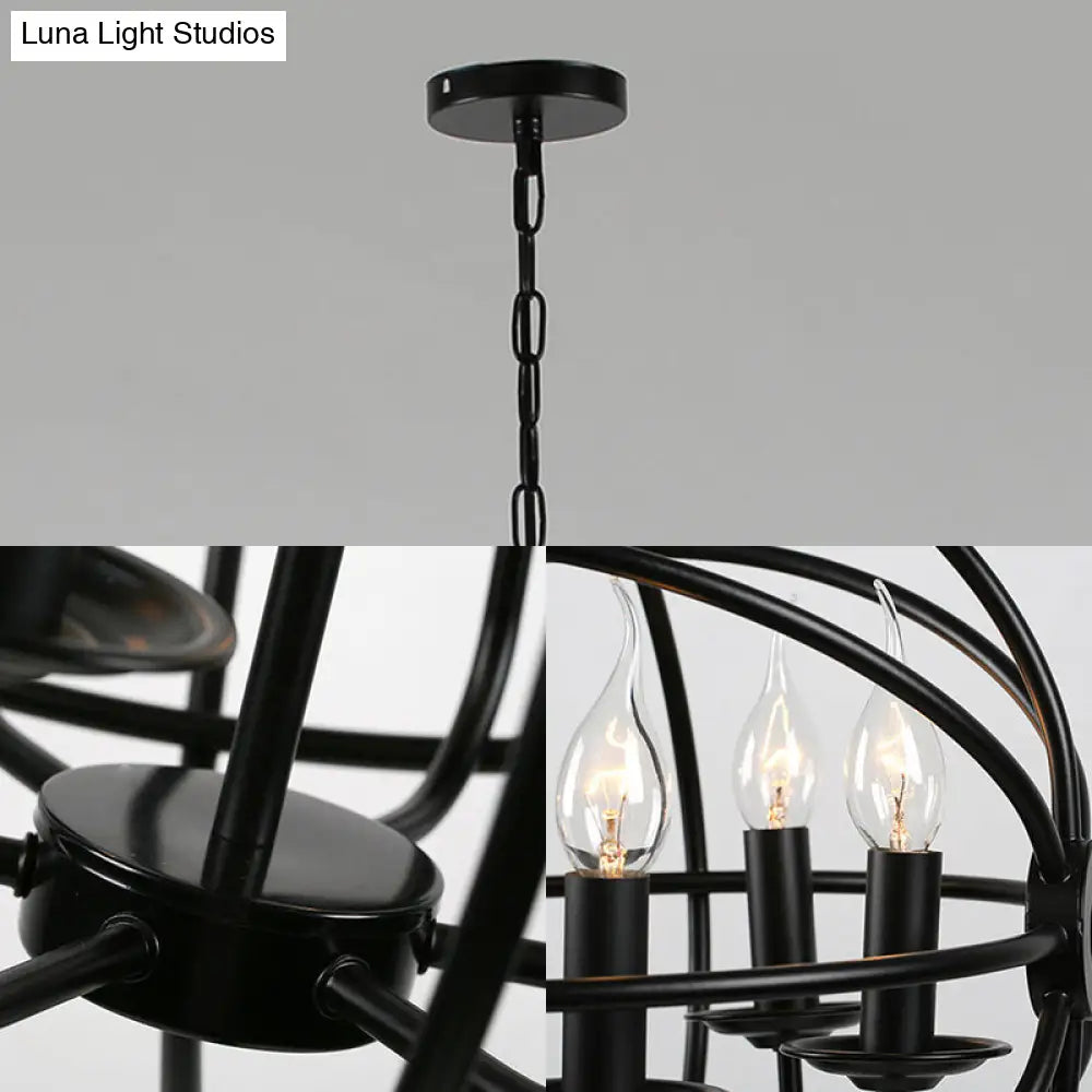 Industrial Black Metal Chandelier - 6-Light Candle Pendant with Globe Design for Dining Room