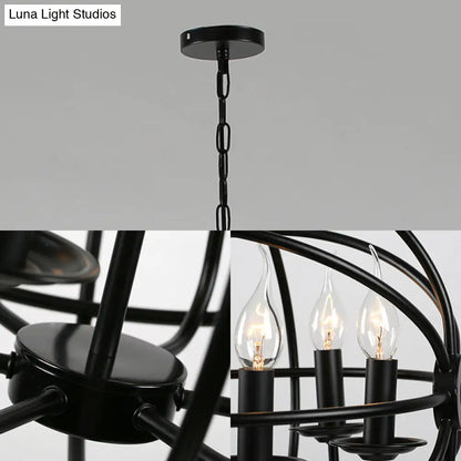 Industrial Black Metal Chandelier - 6-Light Candle Pendant with Globe Design for Dining Room