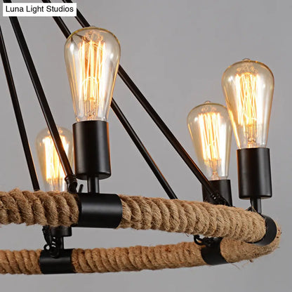 Industrial Black Metal Chandelier with Rope Suspension for Dining Room Table