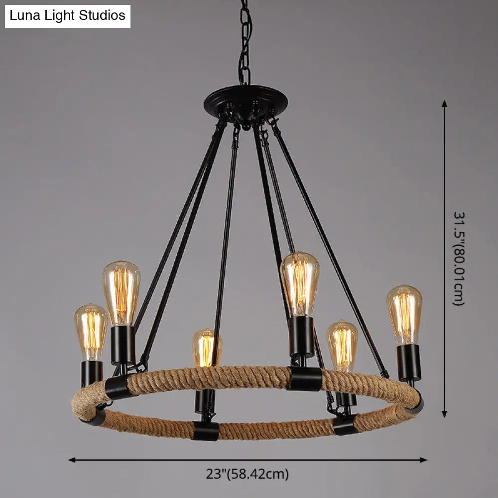 Industrial Black Metal Chandelier with Rope Suspension for Dining Room Table