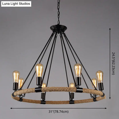 Industrial Black Metal Chandelier with Rope Suspension for Dining Room Table