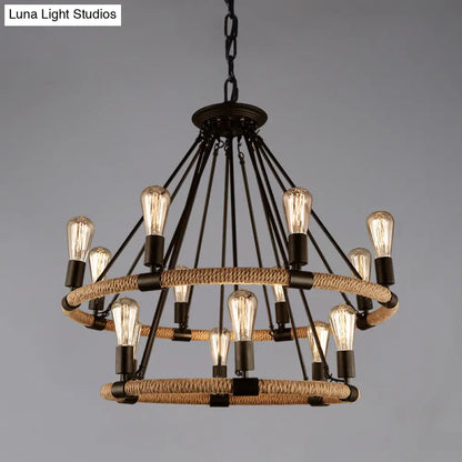 Industrial Black Metal Chandelier with Rope Suspension for Dining Room Table