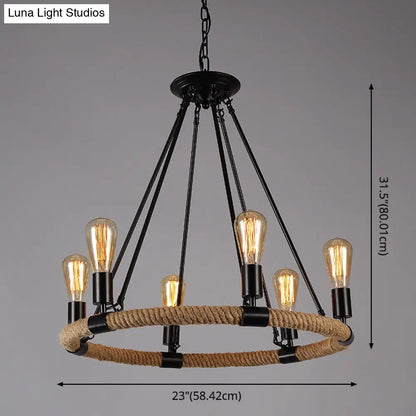 Industrial Black Metal Chandelier with Rope Suspension for Dining Room Table