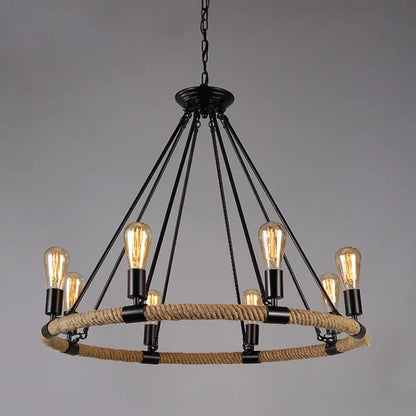 Industrial Black Metal Chandelier with Rope Suspension for Dining Room Table