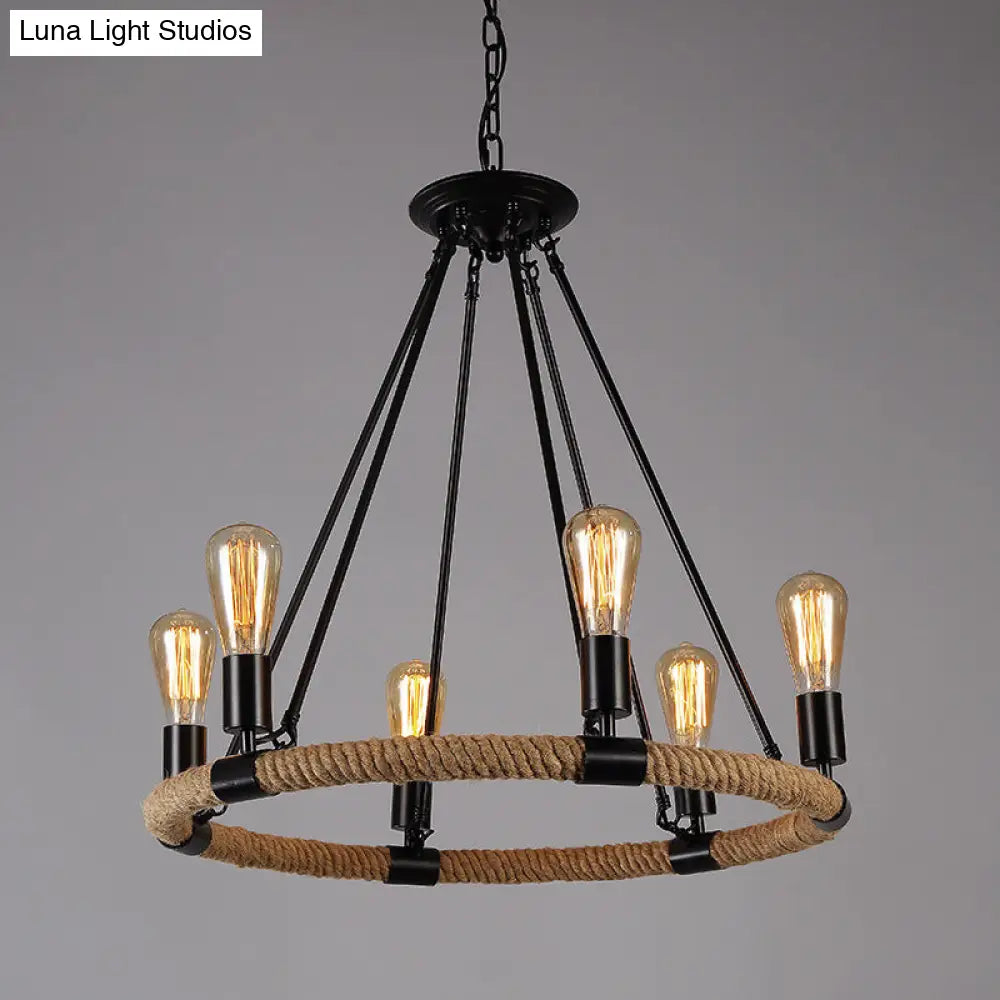 Industrial Black Metal Chandelier with Rope Suspension for Dining Room Table