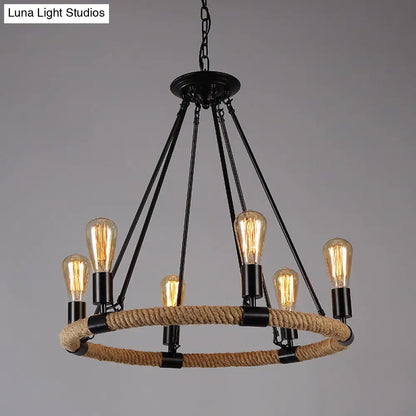 Industrial Black Metal Chandelier with Rope Suspension for Dining Room Table