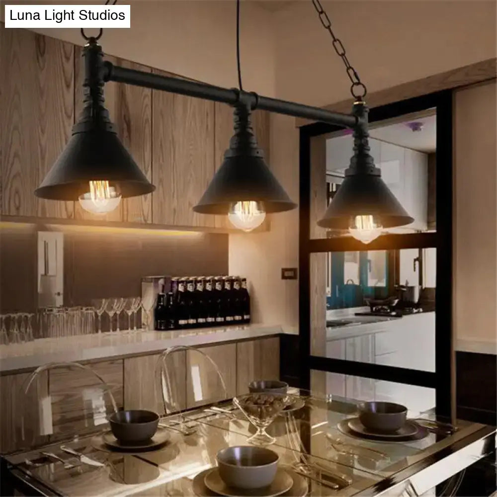 Decorbites industrial conical 3-head black hanging ceiling light with black metal pendant shades and exposed filament bulbs