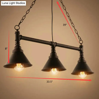 DecorBites™ industrial conical 3-head black hanging ceiling light with black metal pendant shades for restaurants