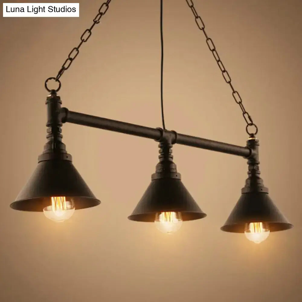DecorBites™ industrial conical 3-head black metal ceiling light with exposed filament bulbs for restaurants