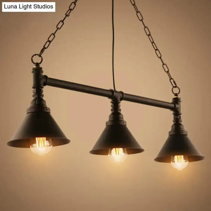 DecorBites™ industrial conical 3-head black metal ceiling light with exposed filament bulbs for restaurants