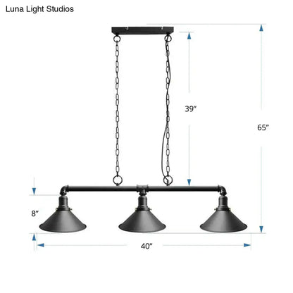 Decorbites™ industrial conical 3-head black hanging ceiling light with black metal pendant shades for restaurants