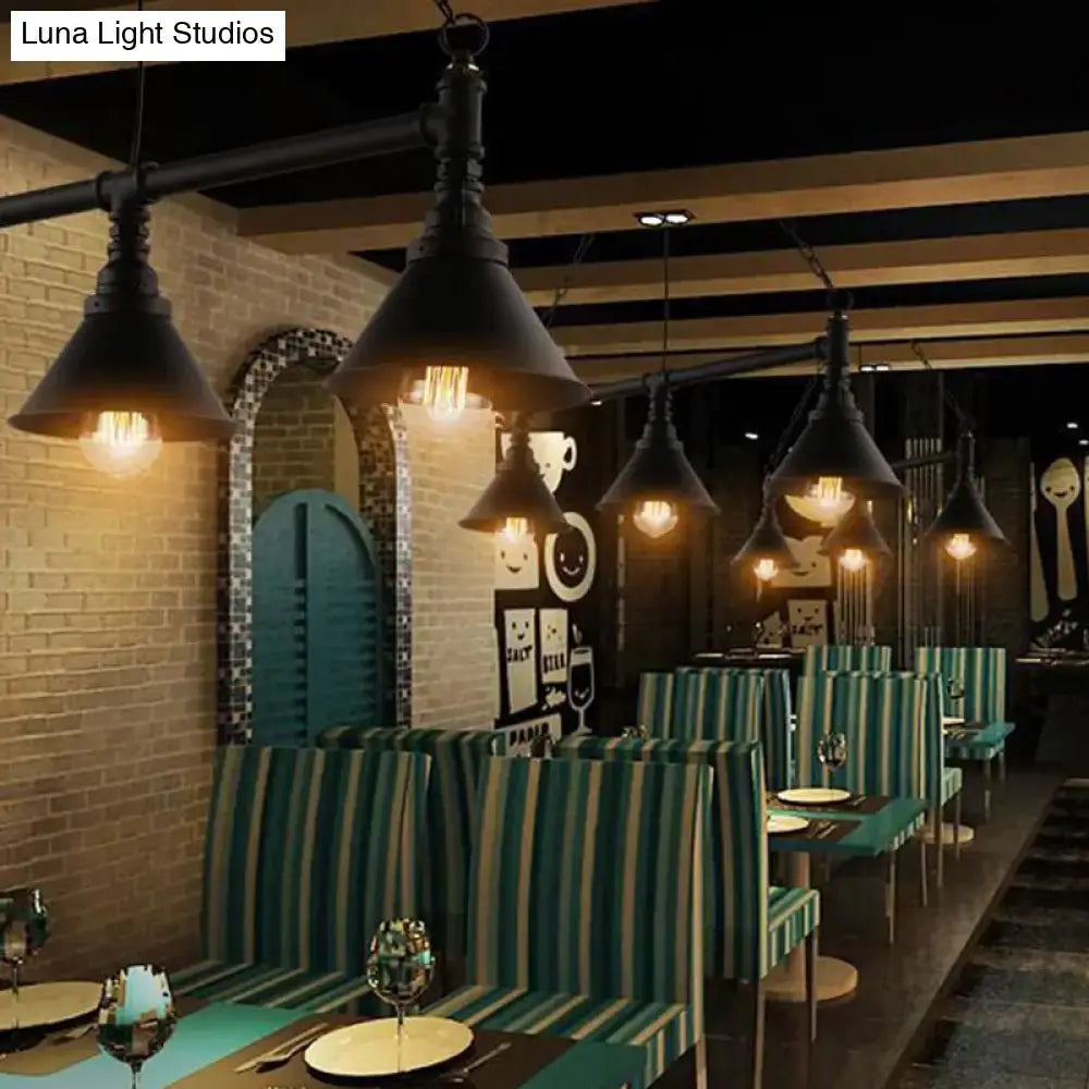 Decorbites™ industrial conical 3-head black hanging ceiling light with black metal pendant lights and exposed filament bulbs