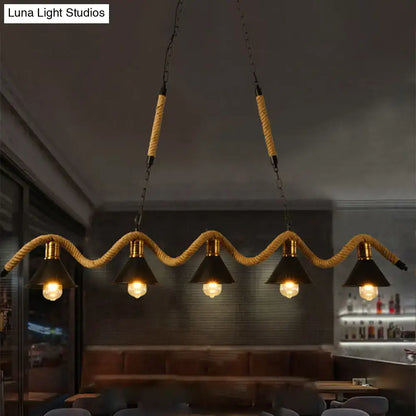 Decorbites industrial metal conical island ceiling light with five black shades and wavy hemp rope suspension