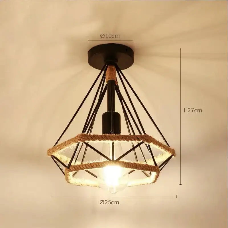 Industrial black metal pendant light with natural rope and geometric cage design ceiling light for dining room
