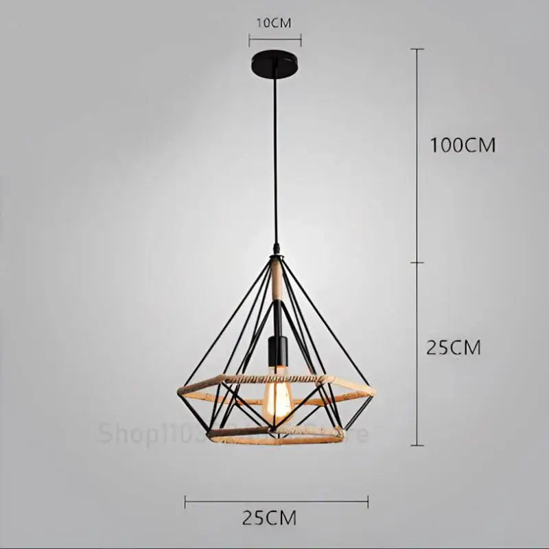 Industrial black metal diamond pendant light with natural wood geometric design and woven rope accent ceiling light