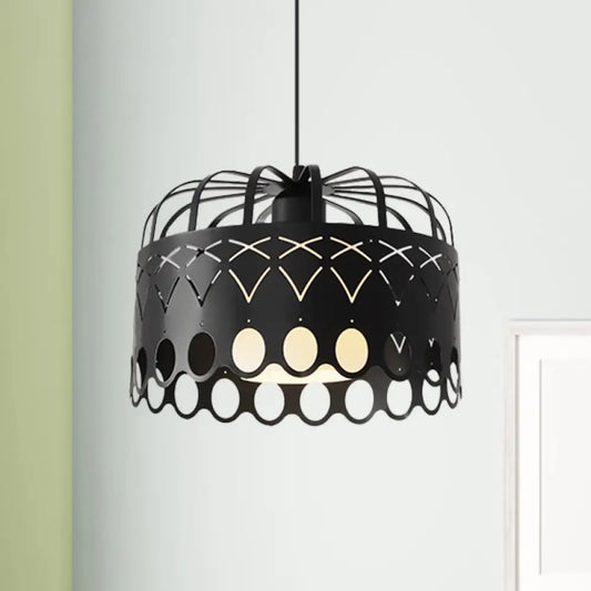 Industrial Black Metal Drum Hanging Light with Cage Shade - 1-Light Pendant for Dining Room