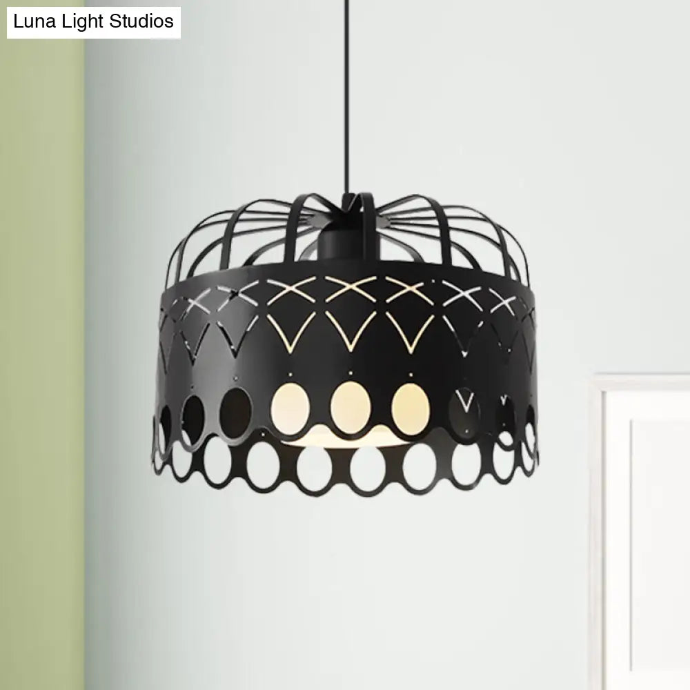 Industrial Black Metal Drum Hanging Light with Cage Shade - 1-Light Pendant for Dining Room