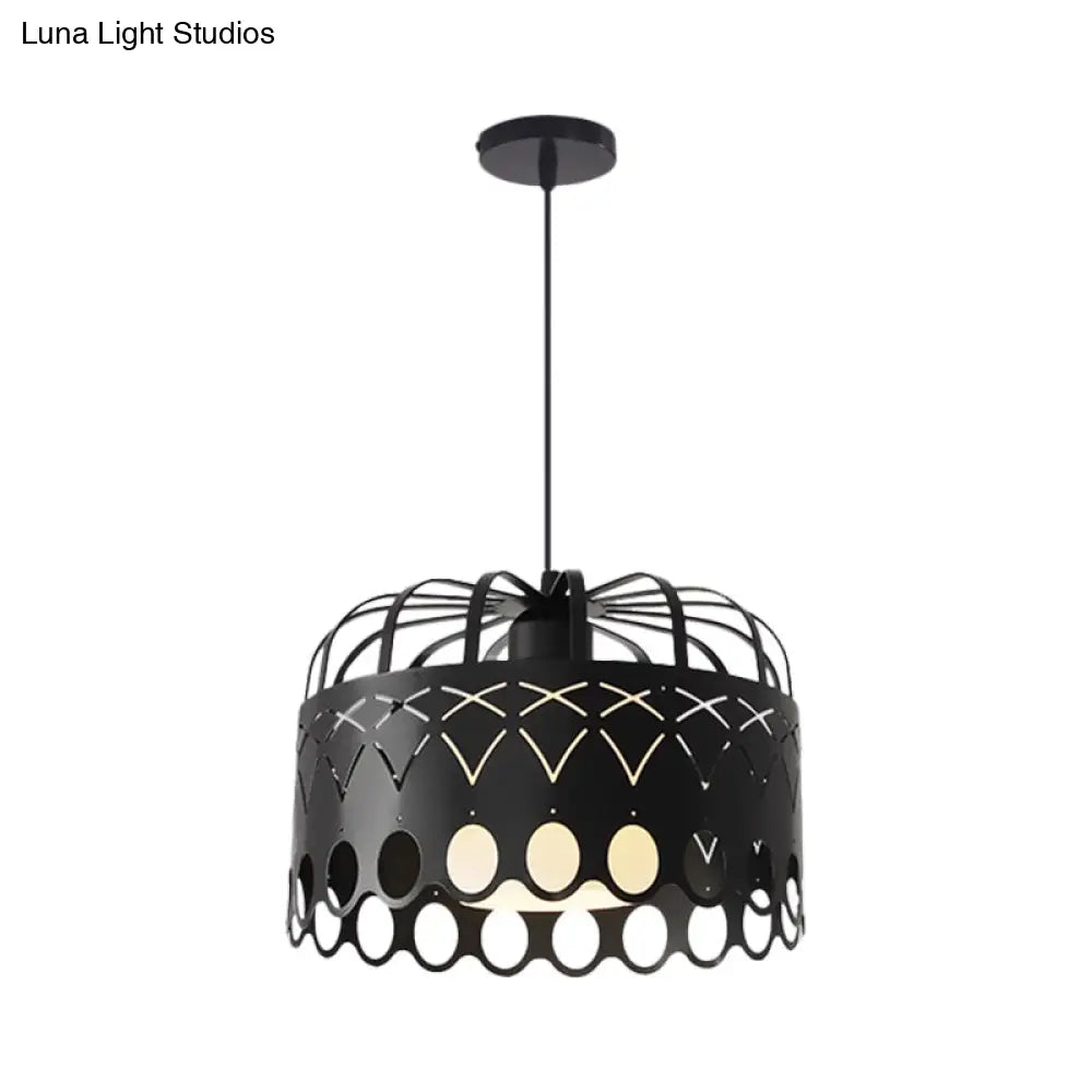 Industrial Black Metal Drum Hanging Light with Cage Shade - 1-Light Pendant for Dining Room