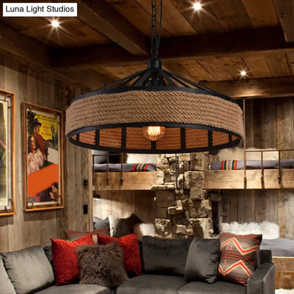 Industrial Black Metal Drum Pendant Light - Single Rope Hanging Lamp