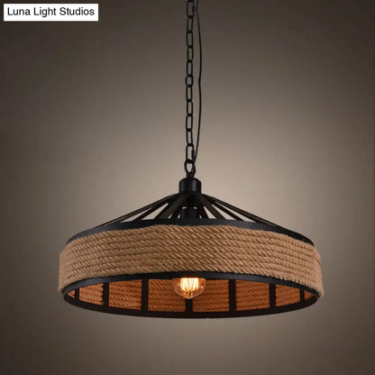 Industrial Black Metal Drum Pendant Light - Single Rope Hanging Lamp