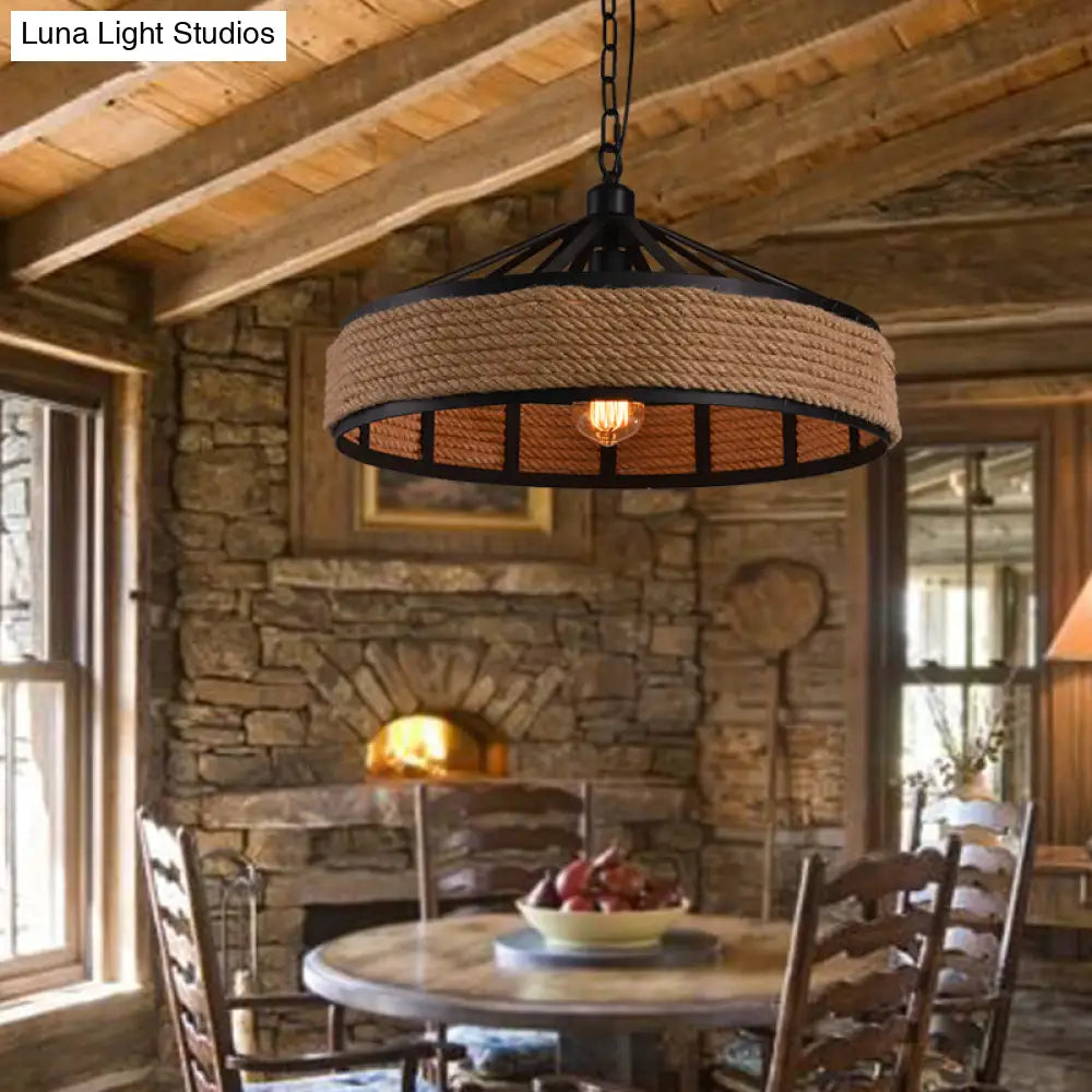 Industrial Black Metal Drum Pendant Light - Single Rope Hanging Lamp