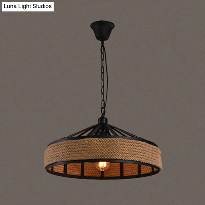 Industrial Black Metal Drum Pendant Light - Single Rope Hanging Lamp