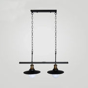 Decorbites industrial flared metal ceiling light in black features two exposed bulbs with brass accents and adjustable chain height
