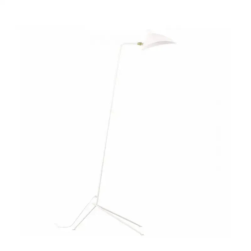 White minimalist floor lamp with slender metal frame and conical shade for decorbites black serge mouille living room
