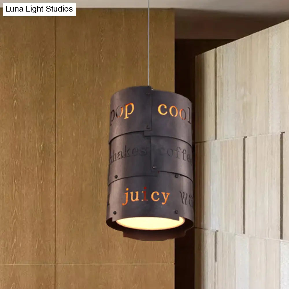 Industrial Black Metal Hanging Lettered Pendant Lamp Kit - 1-Light Cylinder, Ideal for Restaurants