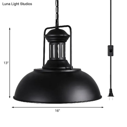 Industrial Black Metal Hanging Pendant Light with Bowl Shade - 1 Head Plug In Suspension Light