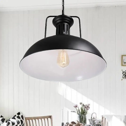 Industrial Black Metal Hanging Pendant Light with Bowl Shade - 1 Head Plug In Suspension Light