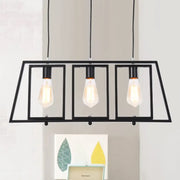 Decorbites™ industrial metal hanging pendant light fixture with trapezoid frame and three exposed edison bulbs in black