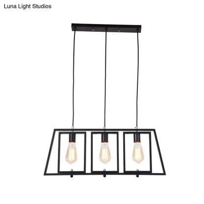 Black metal hanging pendant light with trapezoid frame and three exposed edison bulbs for kitchen island lighting