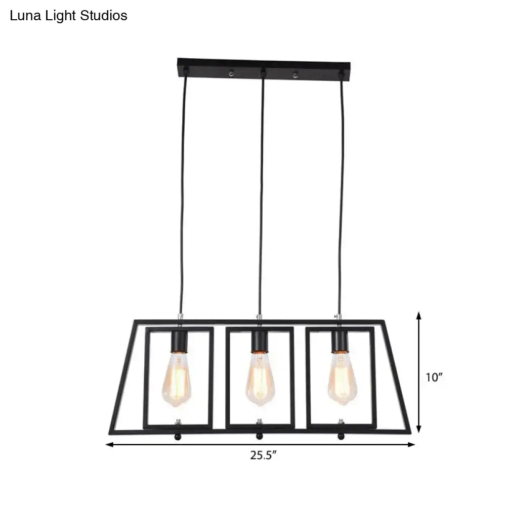 Black metal hanging pendant light with trapezoid frame and three exposed edison bulbs for kitchen island lighting