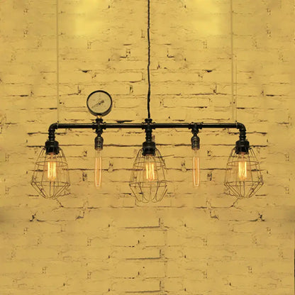 DecorBites™ industrial metal piping black ceiling light with wire guard and vintage gauge for dining room lighting