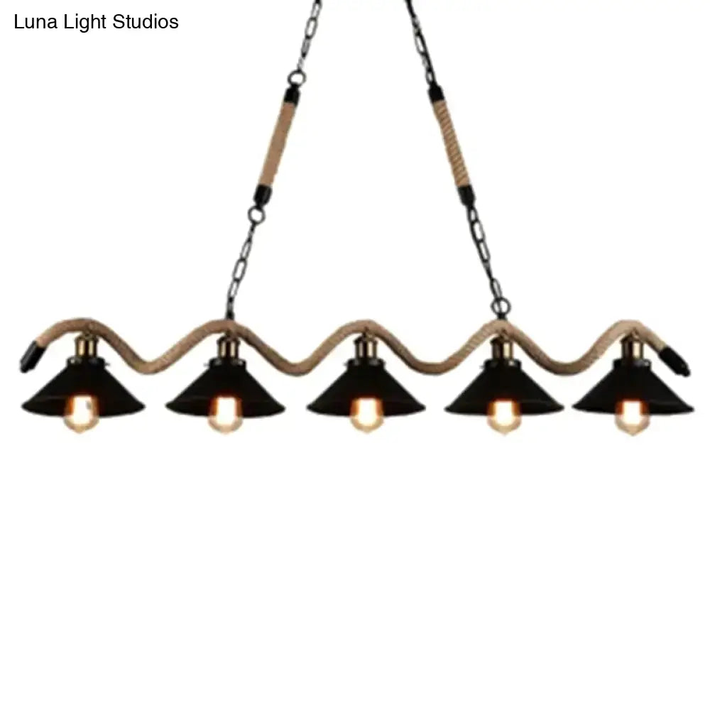 Industrial black metal island chandelier with five black metal shades and natural rope accents for kitchen island lighting