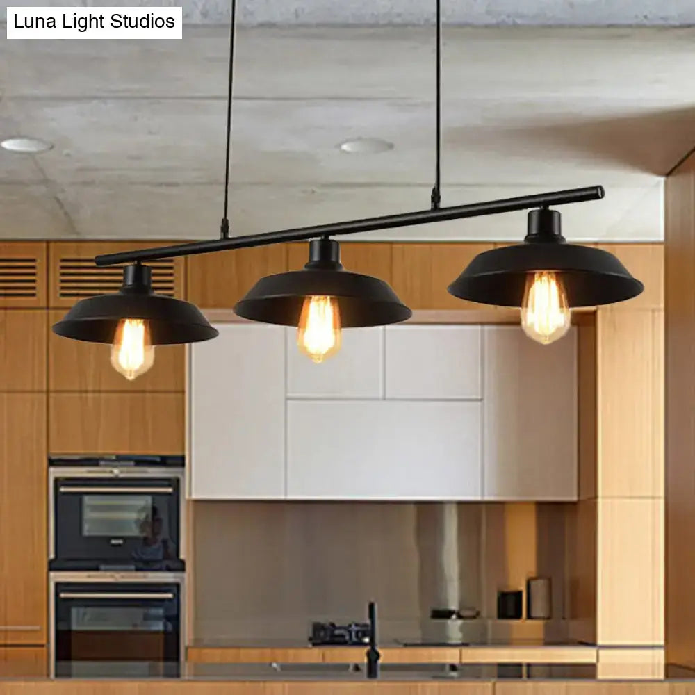 Industrial black metal island lamp with three exposed led incandescent fluorescent filament bulbs for dining room use