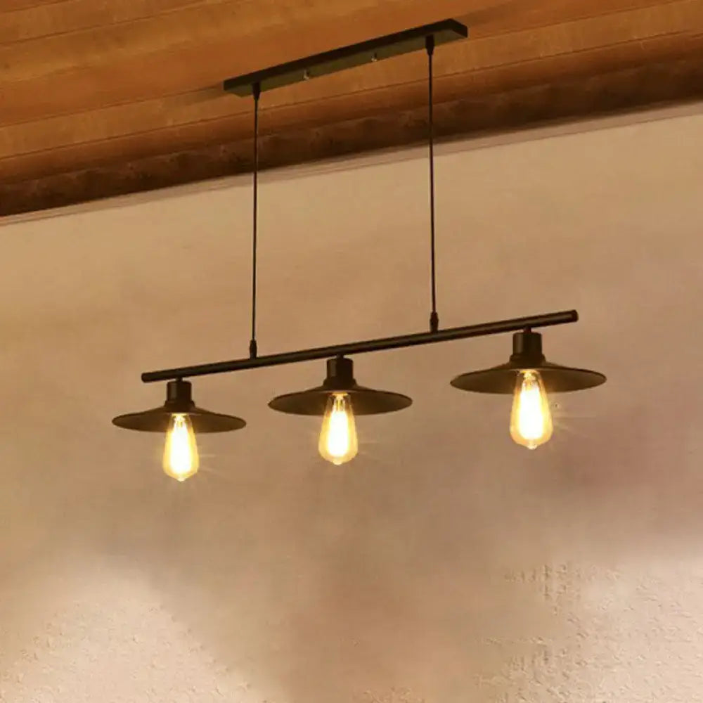 Industrial black metal island lamp chandelier with three exposed edison bulbs and matching circular shades for dining room