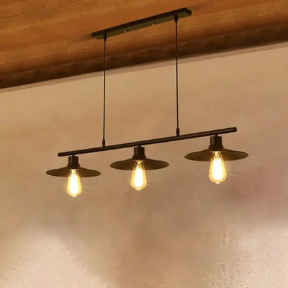 Industrial black metal island lamp chandelier with three exposed edison bulbs and matching circular shades for dining room