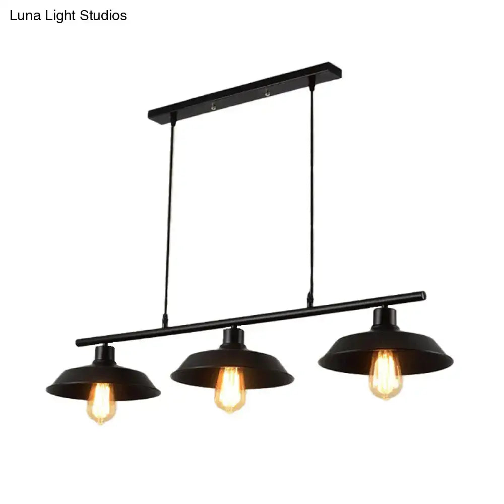 Industrial black metal island lamp chandelier with three exposed edison bulbs and matte metal shades for dining room