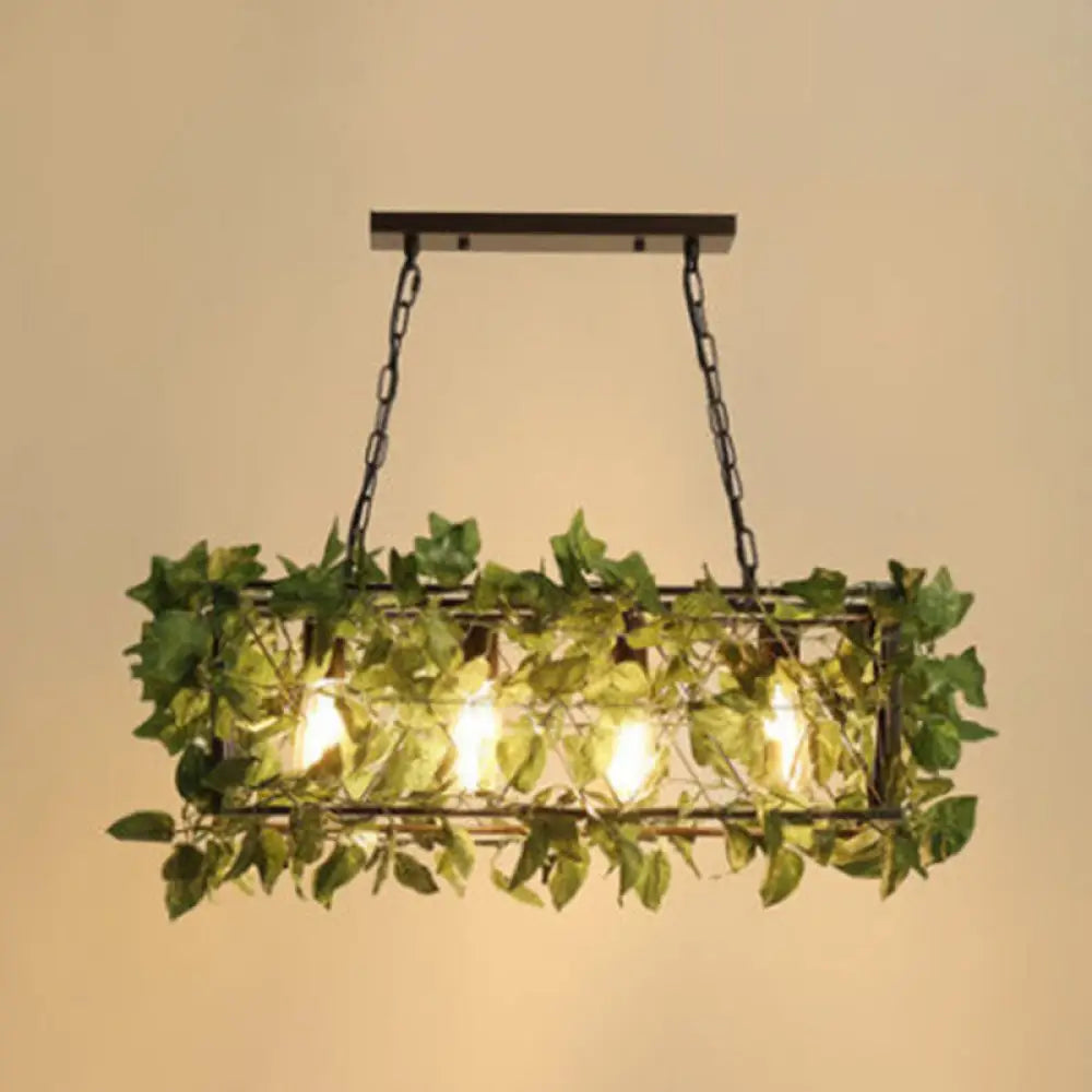 DecorBites™ Industrial Black Metal Island Lamp with 4-Light Rectangle Design and Stylish Faux Plant Decor