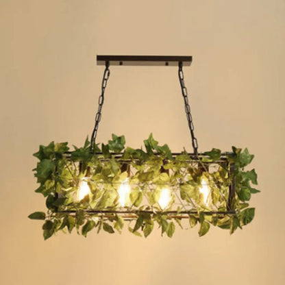 DecorBites™ Industrial Black Metal Island Lamp with 4-Light Rectangle Design and Stylish Faux Plant Decor