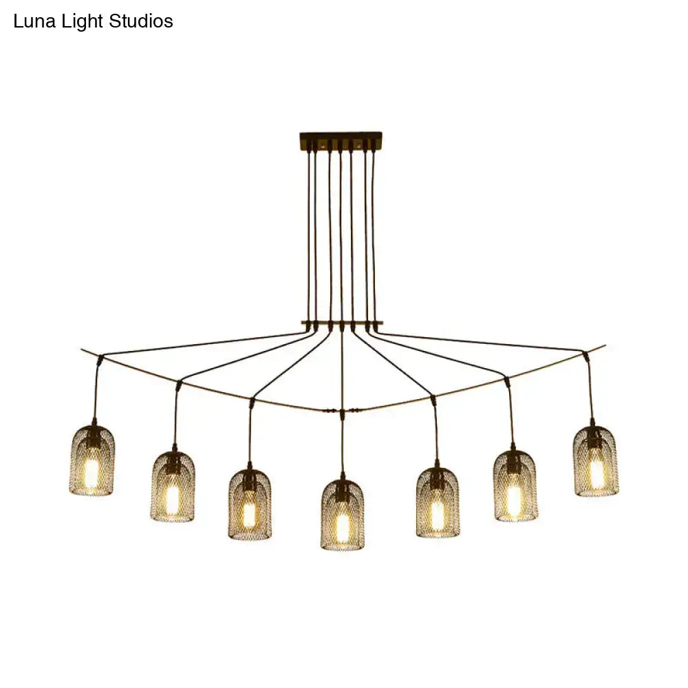 DecorBites industrial metal black hanging ceiling lamp with seven warm-toned cage glass shades and mesh bell design