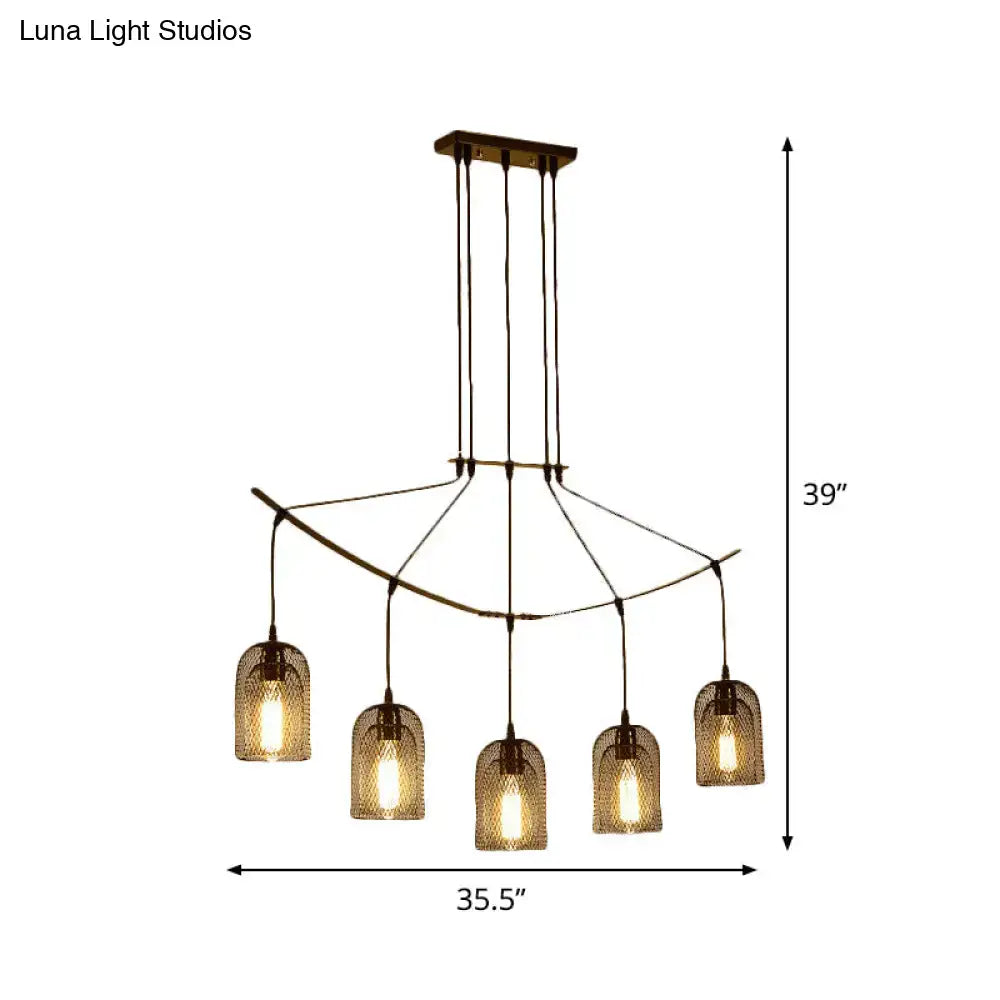 DecorBites™ industrial metal black hanging ceiling lamp with five bronze-finished textured glass shades