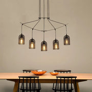 Decorbites™ industrial black wrought iron hanging ceiling lamp with five cage-style mesh bell shades