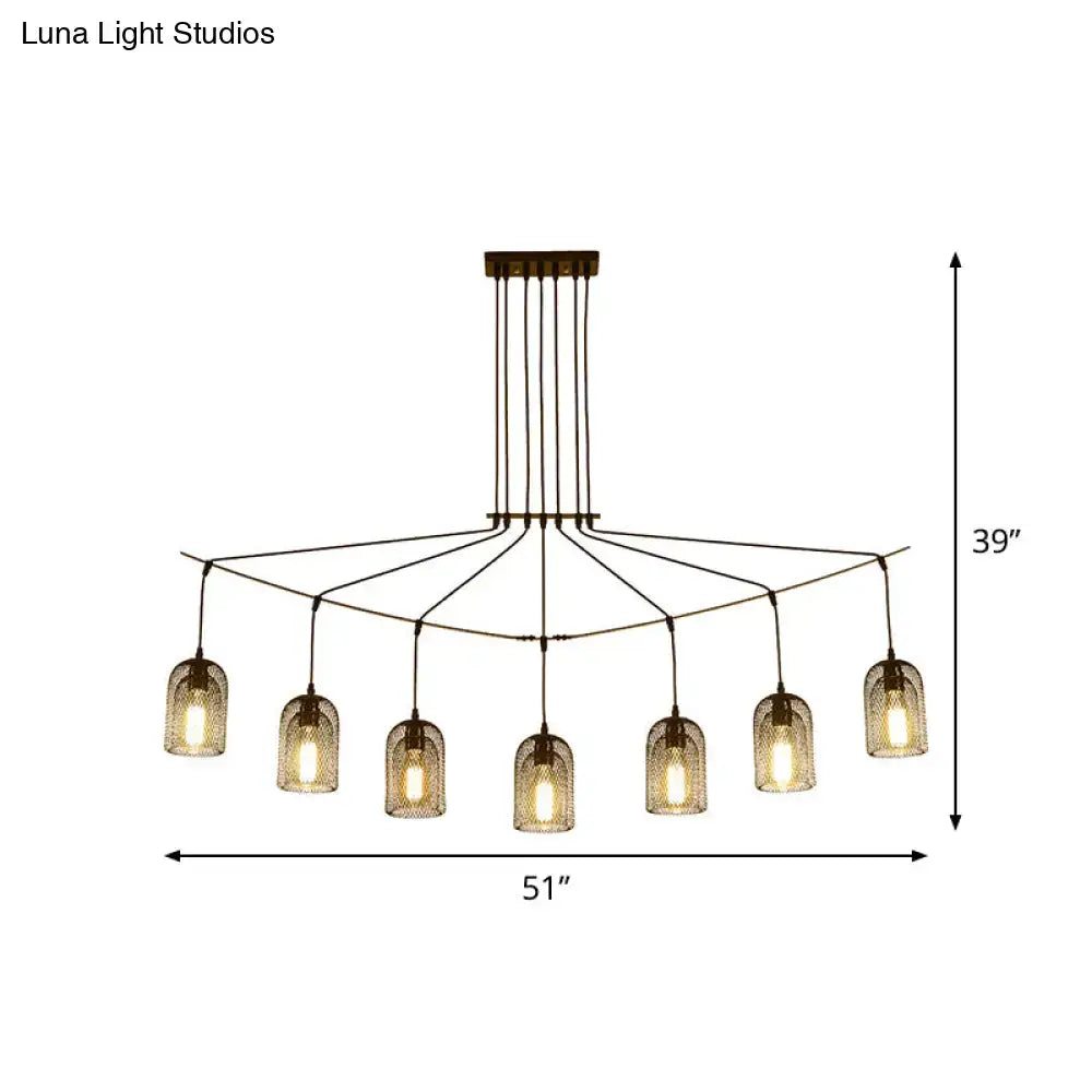 DecorBites™ industrial metal black hanging ceiling lamp with seven warm-toned textured glass shades