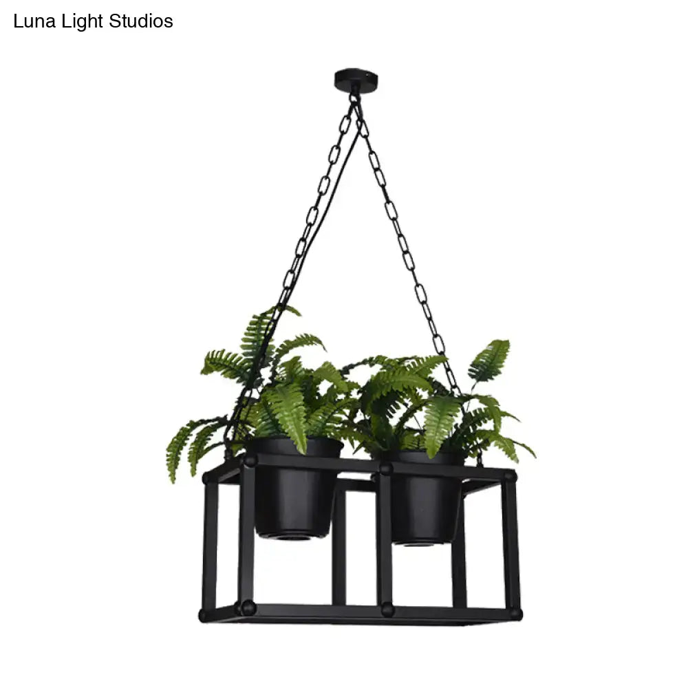 Black metal hanging planter with two ferns in black pots paired with decorbites™ industrial rectangle island light fixture